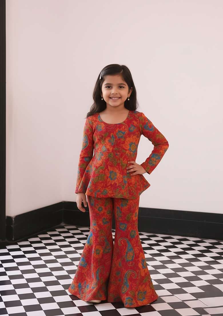 Girls Fiery Red Floral Print Chiffon Sharara Set - Indya