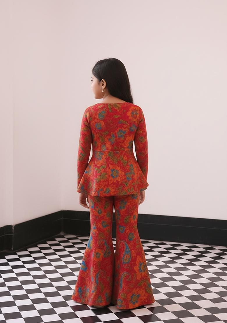 Girls Fiery Red Floral Print Chiffon Sharara Set - Indya