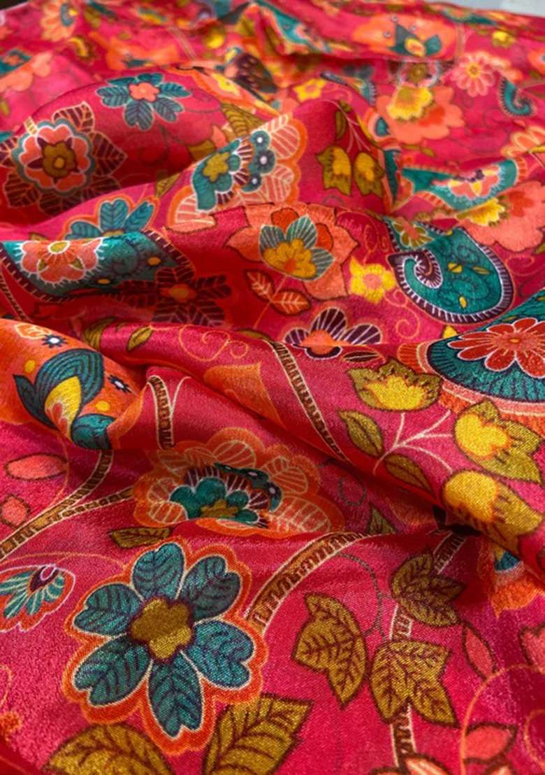 Girls Fiery Red Floral Print Chiffon Sharara Set - Indya