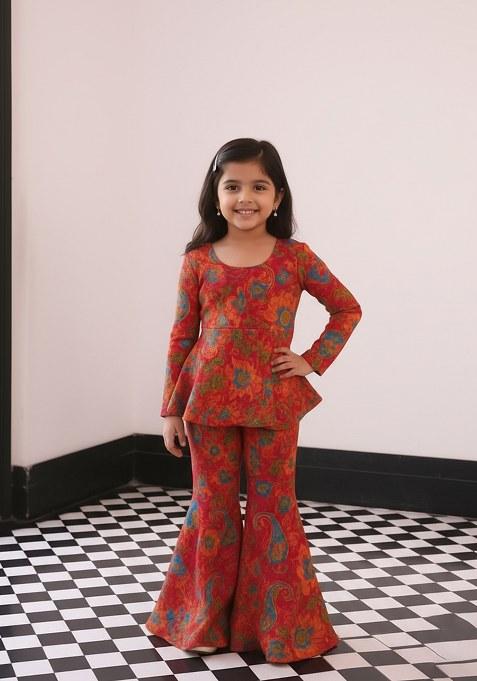 Girls Fiery Red Floral Print Chiffon Sharara Set