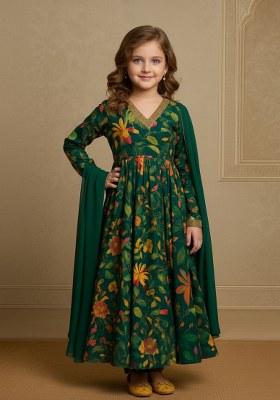 Girls Forest Green Floral Print Georgette Anarkali Set