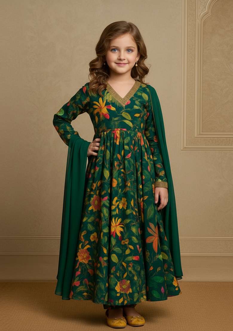 Girls Forest Green Floral Print Georgette Anarkali Set - Indya