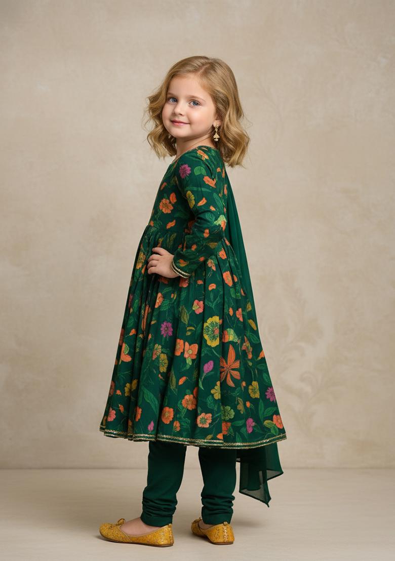 Girls Forest Green Floral Print Georgette Anarkali Set - Indya