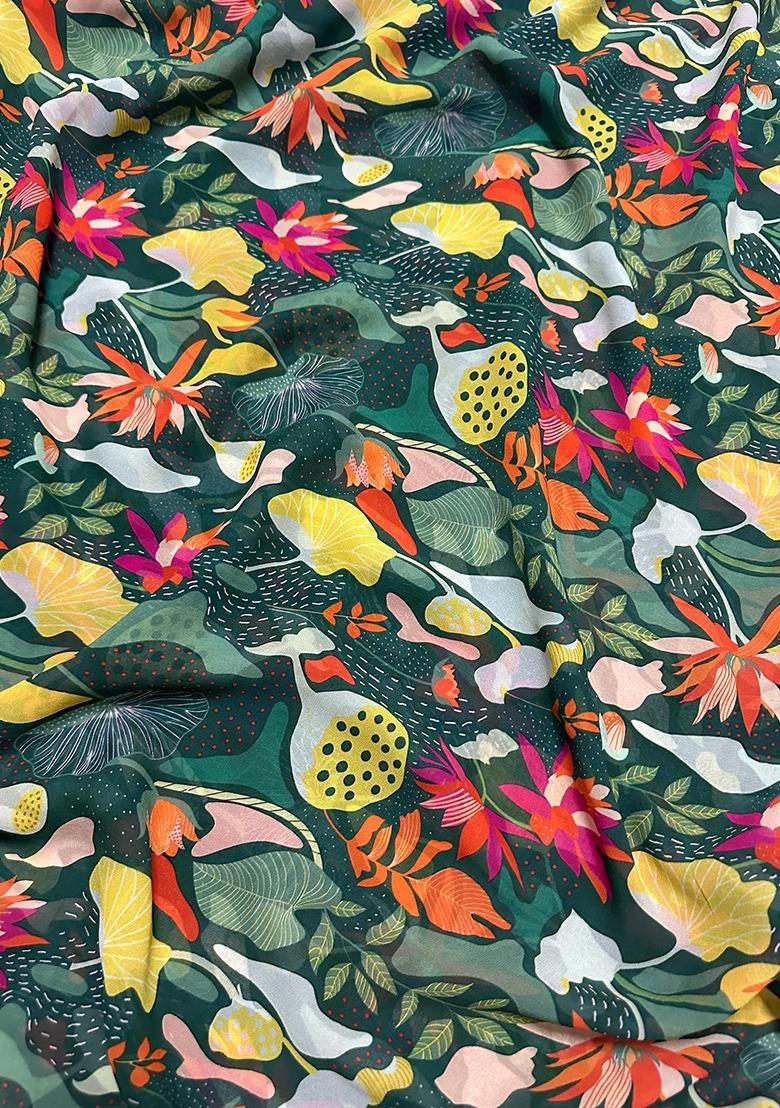 Girls Forest Green Floral Print Georgette Anarkali Set - Indya