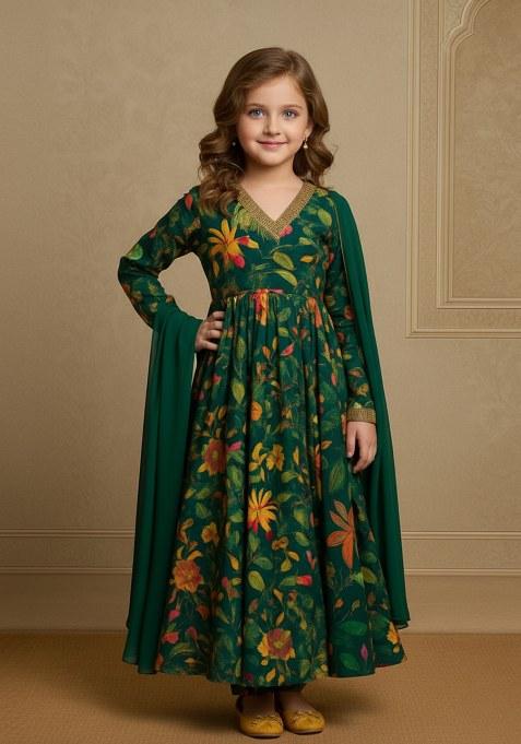 Girls Forest Green Floral Print Georgette Anarkali Set