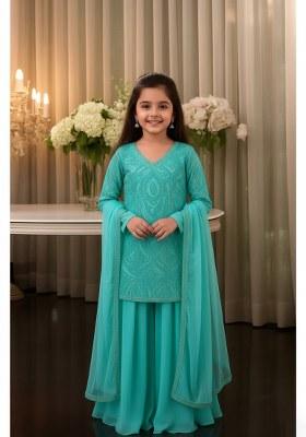 Girls Aqua Blue Embellished Net Sharara Set