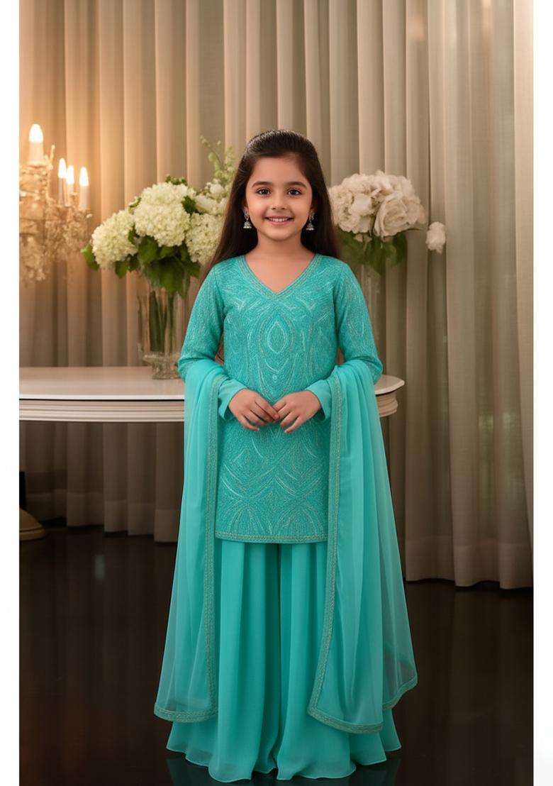 Girls Aqua Blue Embellished Net Sharara Set