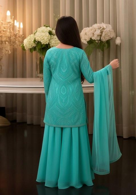 Girls Aqua Blue Embellished Net Sharara Set