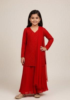 Girls Red Embellished Net Sharara Set