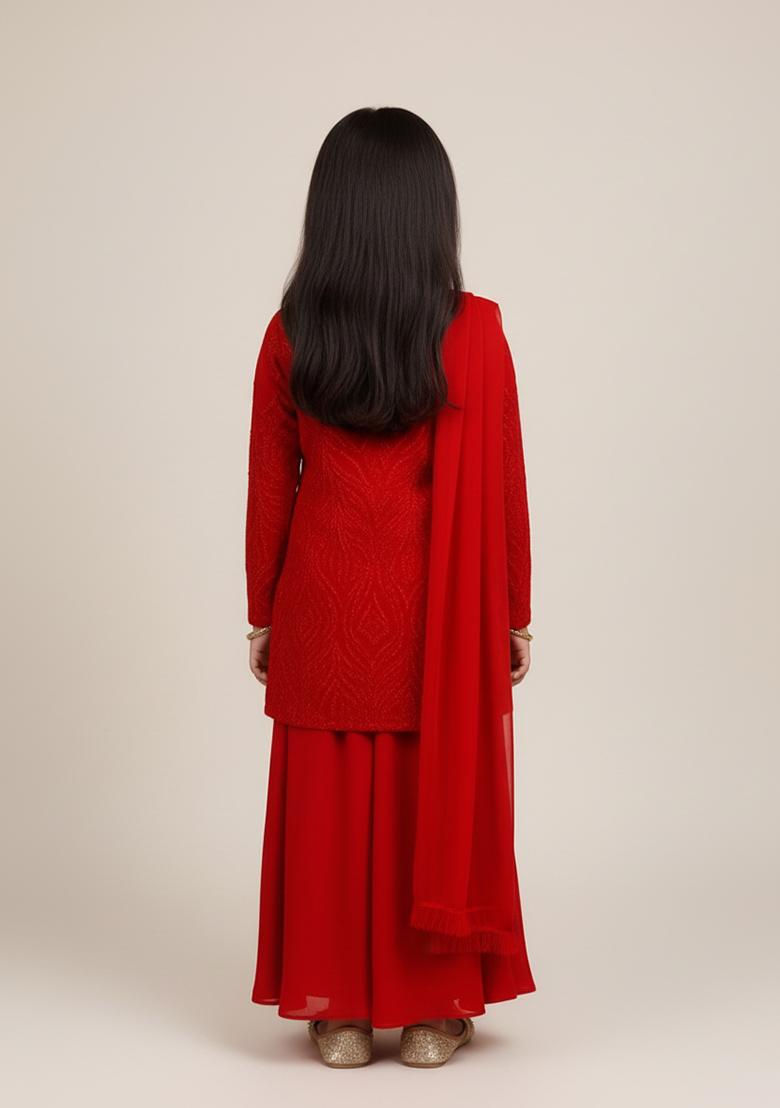 Girls Red Embellished Net Sharara Set