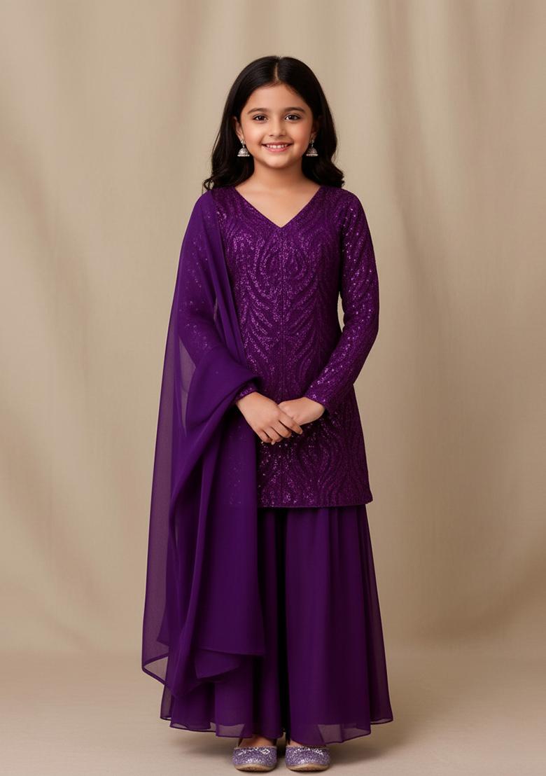 Girls Purple Embellished Net Sharara Set - Indya