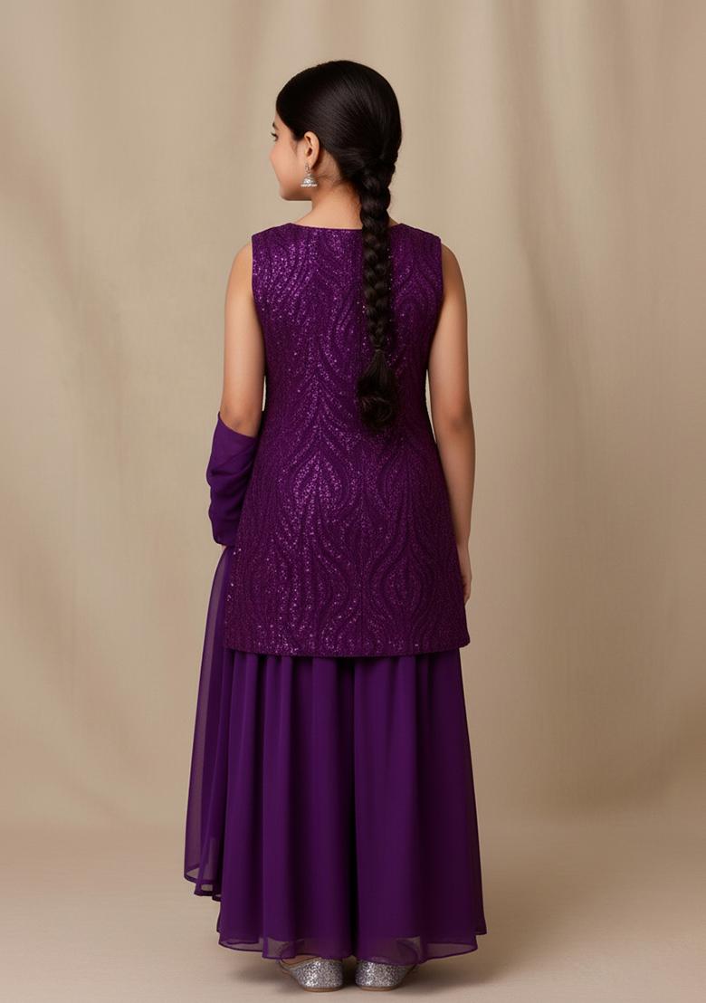Girls Purple Embellished Net Sharara Set