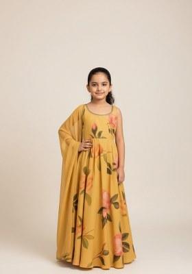 Girls Yellow Floral Print Organza Anarkali Set