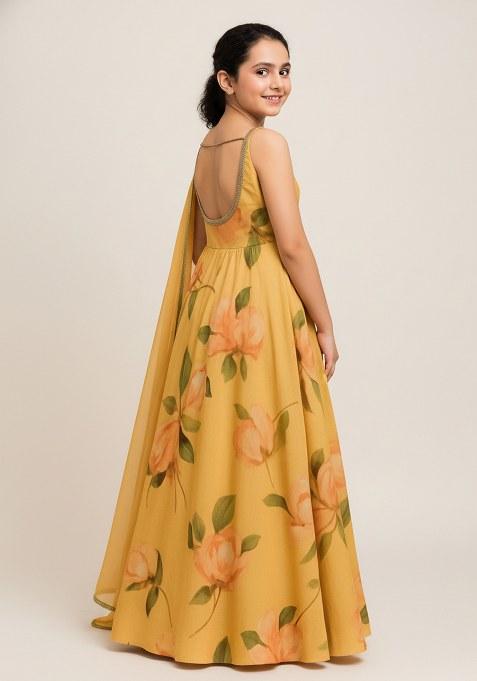 Girls Yellow Floral Print Organza Anarkali Set