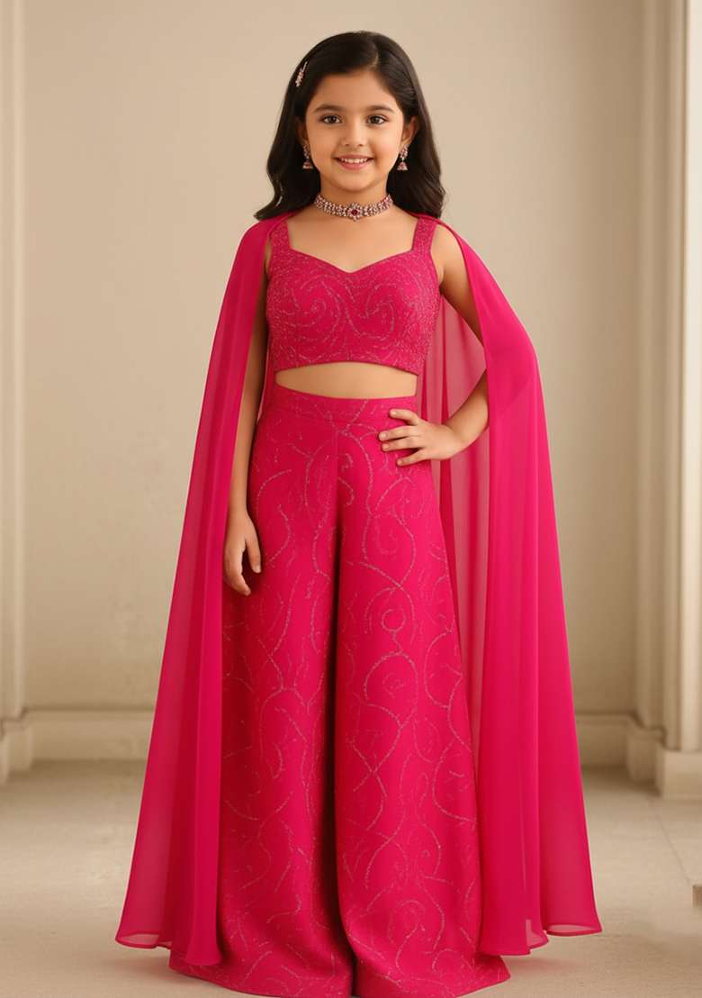 Girls Pink Sequin Organza Sharara Set - Indya