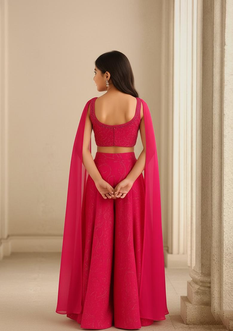 Girls Pink Sequin Organza Sharara Set - Indya