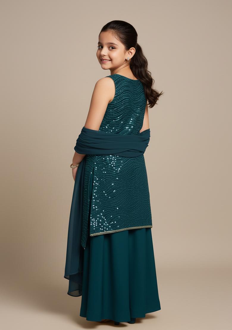 Girls Teal Blue Embroidered Georgette Sharara Set - Indya