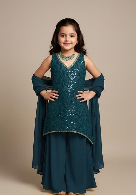 Girls Teal Blue Embroidered Georgette Sharara Set