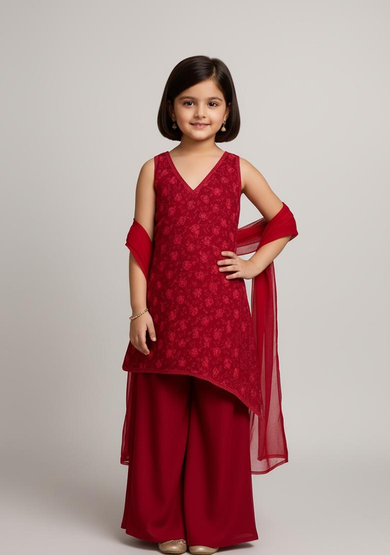 Girls Red Embroidered Georgette Sharara Set