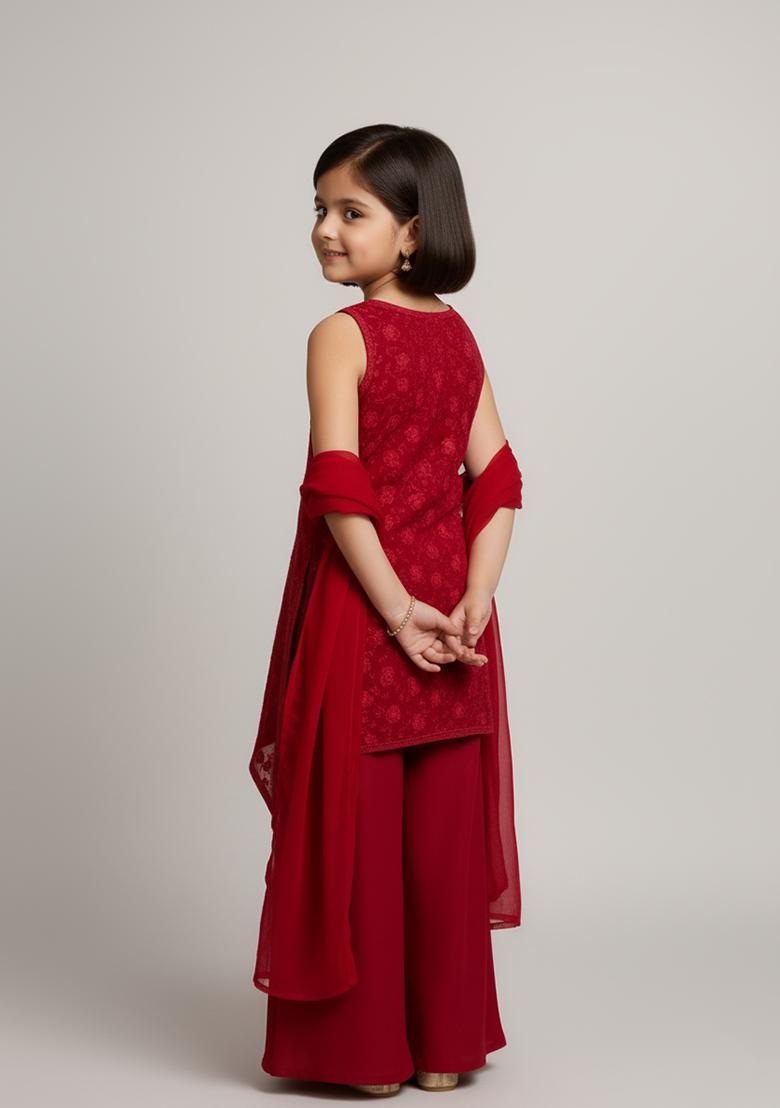 Girls Red Embroidered Georgette Sharara Set - Indya