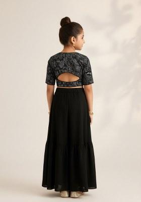 Girls Black Embroidered Georgette Sharara Set