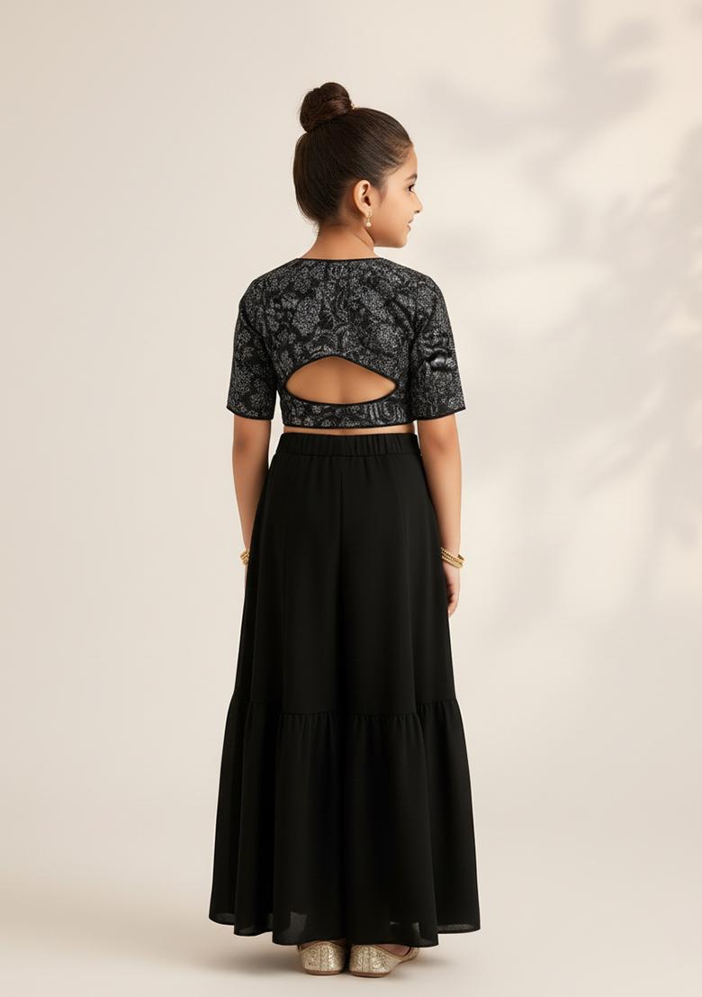Girls Black Embroidered Georgette Sharara Set