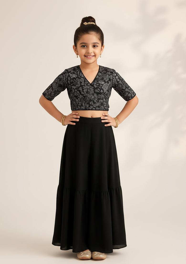 Girls Black Embroidered Georgette Sharara Set - Indya