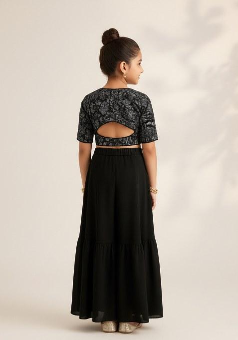 Girls Black Embroidered Georgette Sharara Set