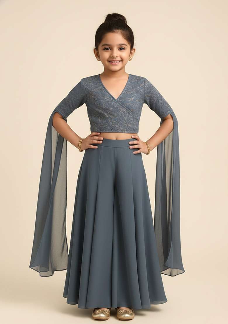 Girls Grey Embellished Georgette Sharara Set - Indya