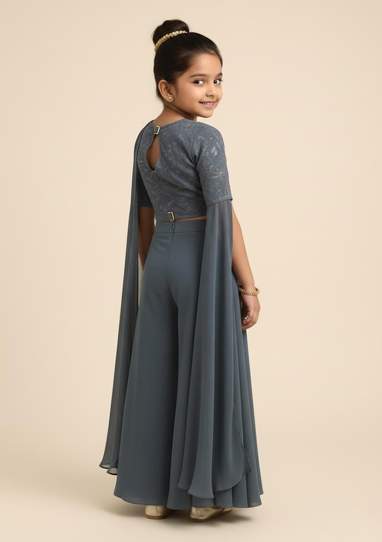 Girls Grey Embellished Georgette Sharara Set - Indya