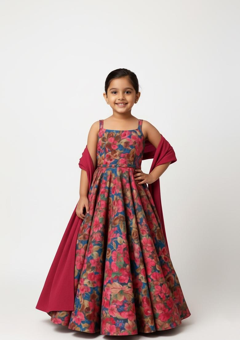 Girls Multicolor Floral Print Organza Anarkali Set