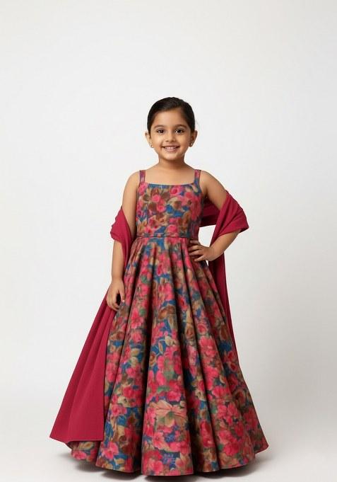 Girls Multicolor Floral Print Organza Anarkali Set