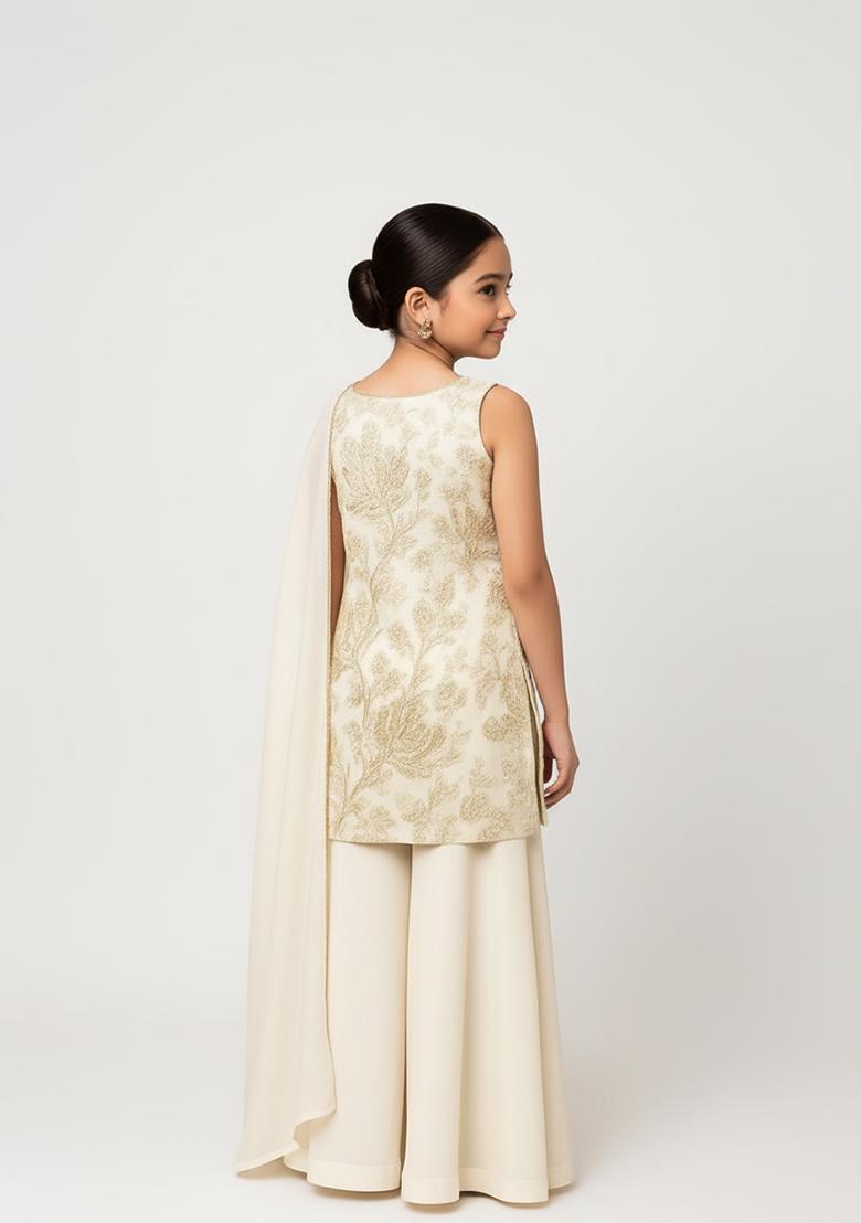 Girls Beige Embroidered Tissue Kurta Set - Indya