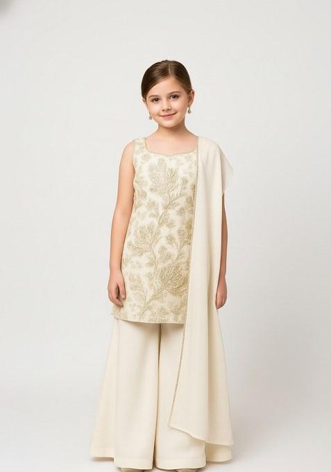 Girls Beige Embroidered Tissue Kurta Set