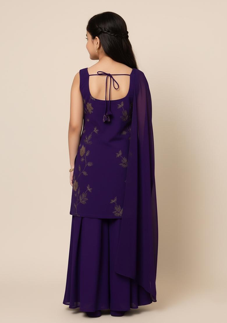 Girls Purple Embroidered Tissue Kurta Set - Indya