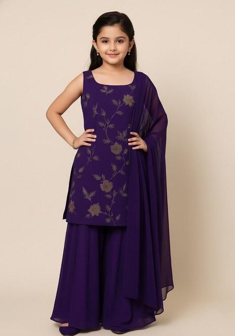Girls Purple Embroidered Tissue Kurta Set