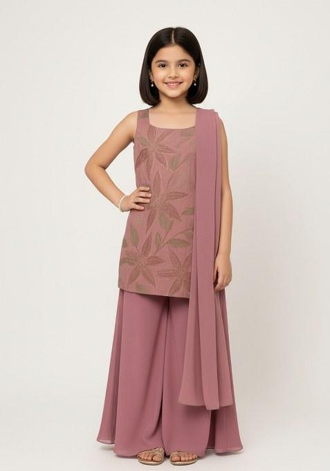 Girls Pink Embroidered Tissue Kurta Set