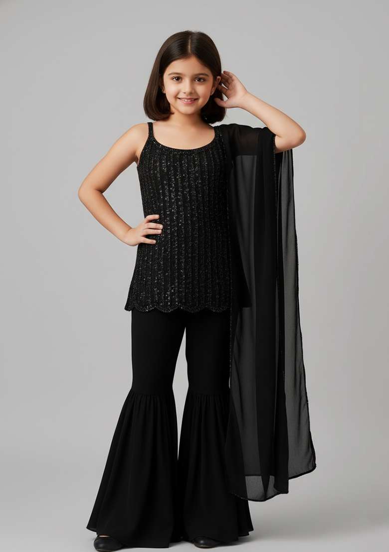 Girls Grey Embroidered Net Sharara Set - Indya