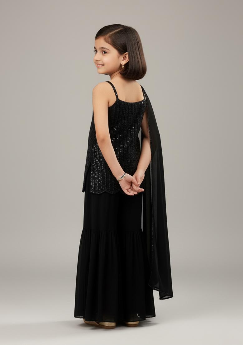 Girls Grey Embroidered Net Sharara Set - Indya