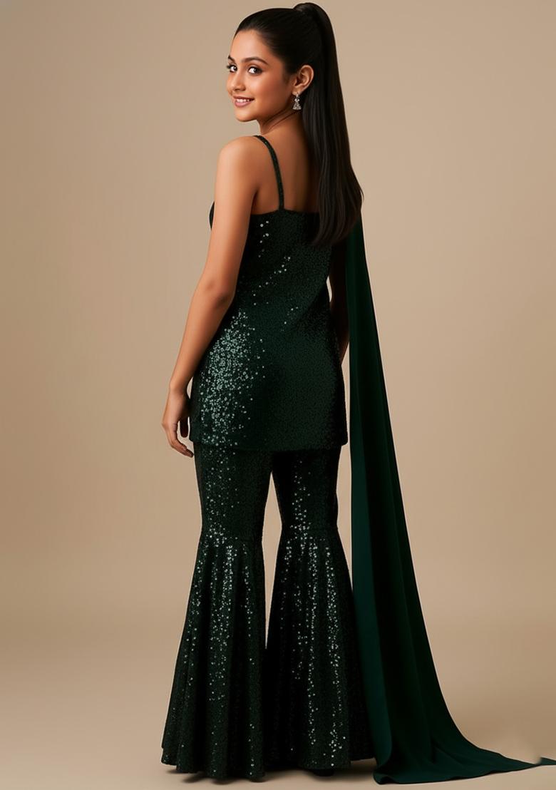 Girls Green Sequin Net Sharara Set
