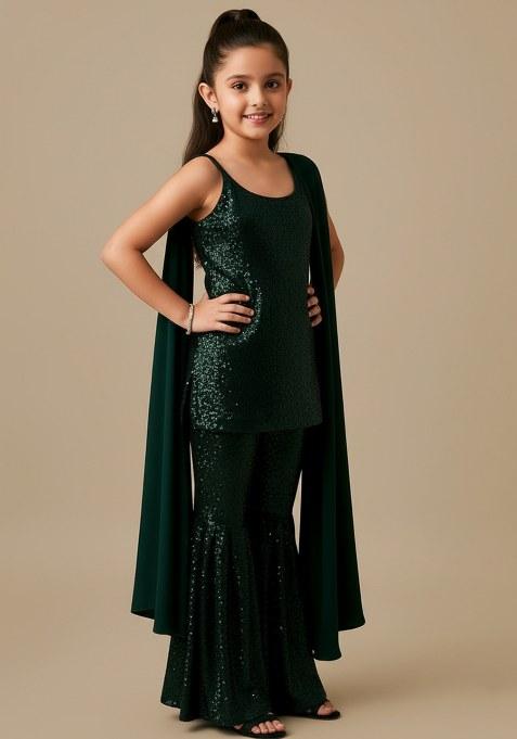 Girls Green Sequin Net Sharara Set