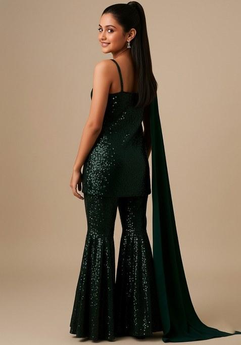 Girls Green Sequin Net Sharara Set