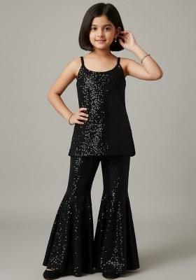 Girls Black Sequin Net Sharara Set
