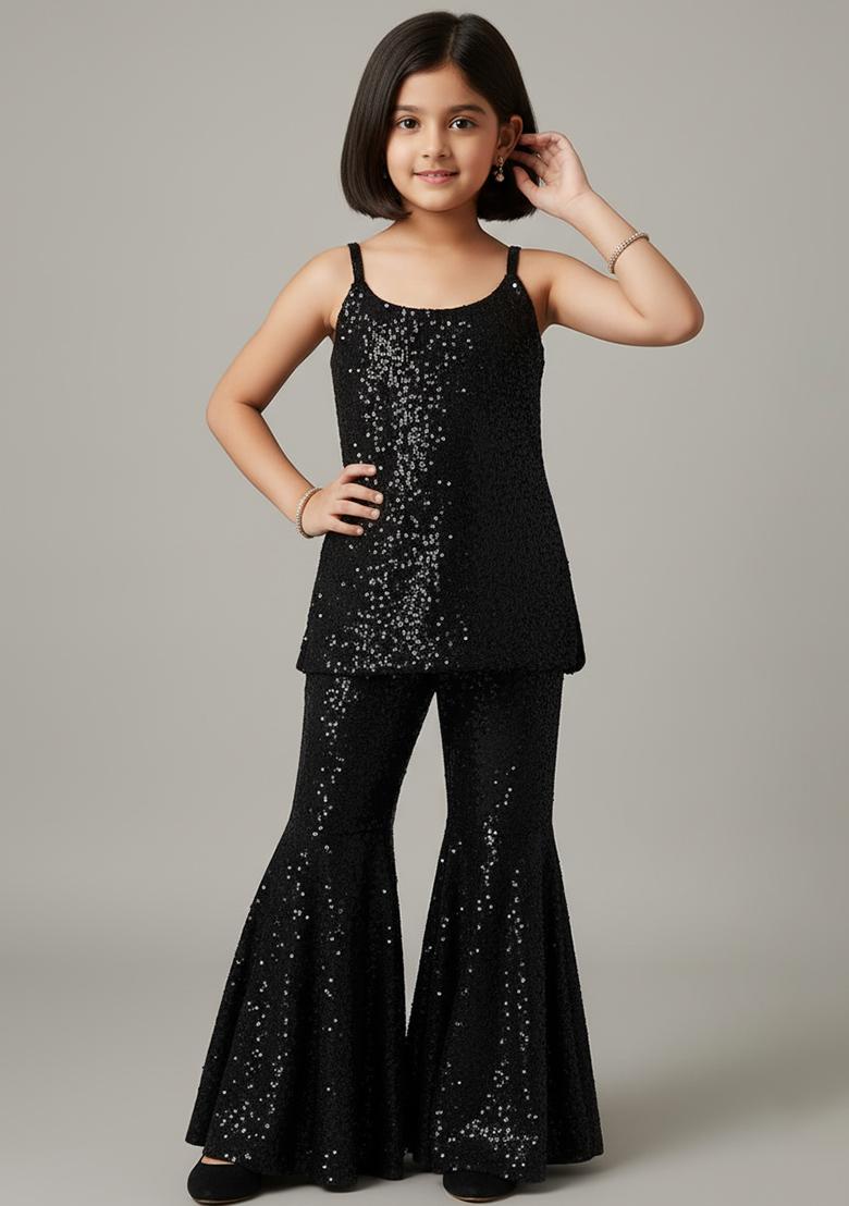 Girls Black Sequin Net Sharara Set
