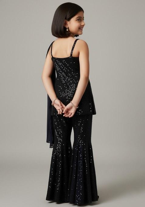 Girls Black Sequin Net Sharara Set