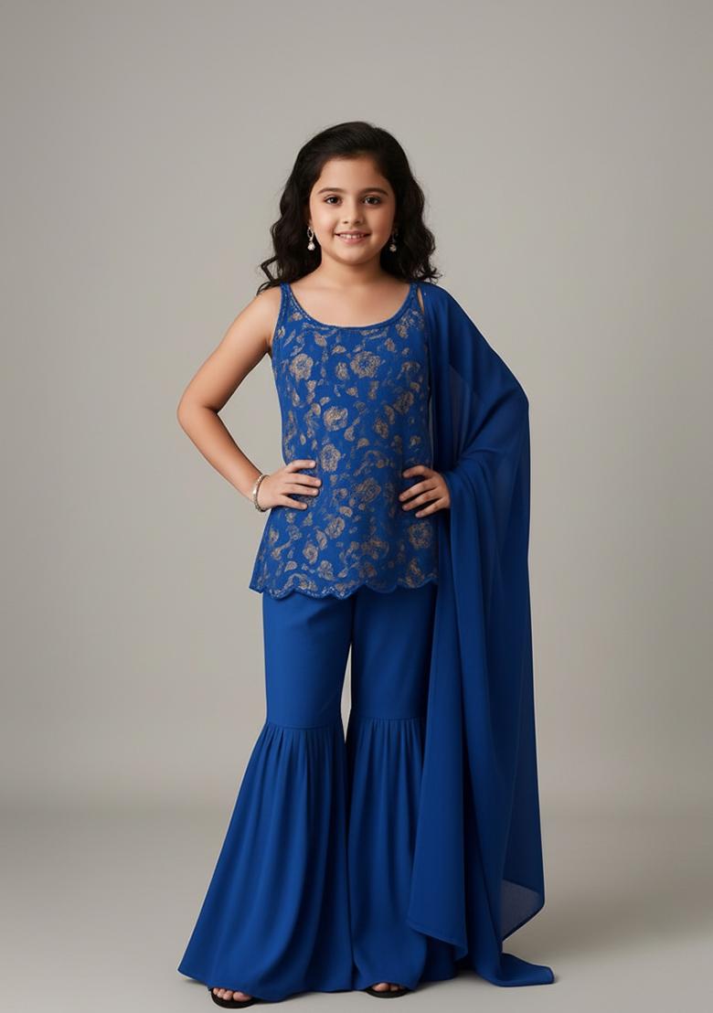 Girls Blue Embroidered Tussar Sharara Set