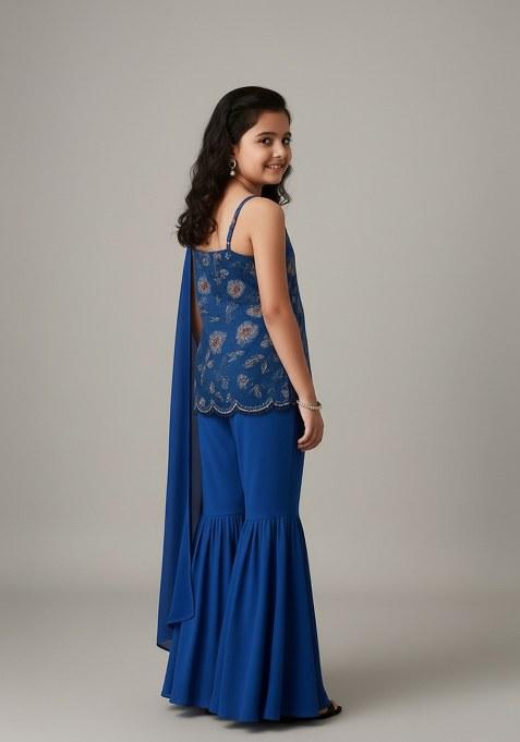 Girls Blue Embroidered Tussar Sharara Set
