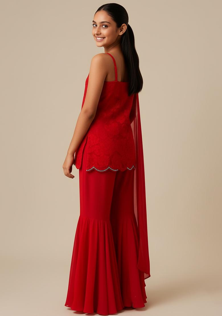 Girls Red Embroidered Net Sharara Set - Indya
