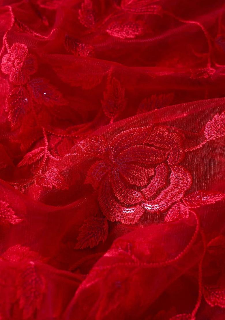 Girls Red Embroidered Net Sharara Set