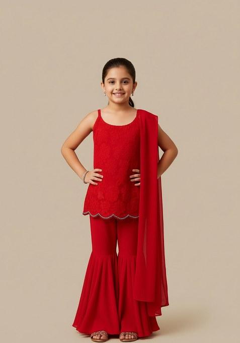 Girls Red Embroidered Net Sharara Set